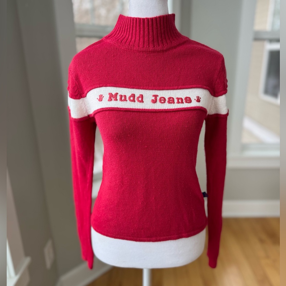 Vintage 80s Mudd Jeans Red White Stripe Ramie Cotton Mockneck Fitted Sweater M